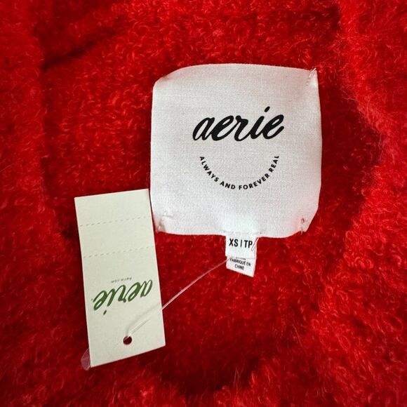 NEW Aerie Fuzzy Plush Teddy Oversized V-Neck Sweater Red Women's Size XS - Picture 9 of 11